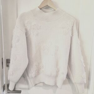 On Blue Cream Pearl Embellished Eyelash Knit Mock Neck Sweater Cozy Feminine XL